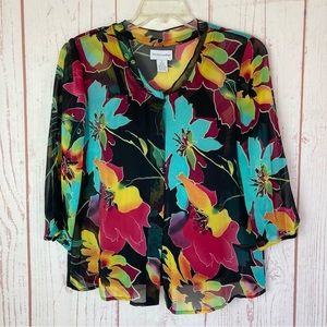 Soft Surroundings M M 100% Silk Floral Button Top 2 Pc Set Bra Tank 36B Black